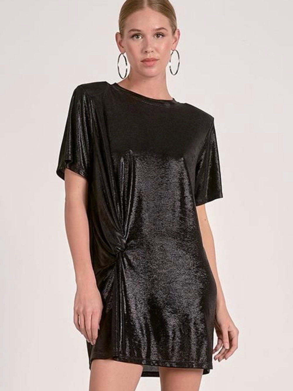 Elan Black Shimmer Knit Twist Front Mini Dress Short Sleeve Crew Neck L MSRP$89